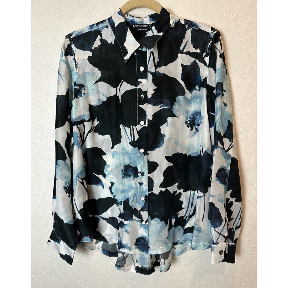 NWT Hannes Roether Long Sleeve 100% Silk Blue White Floral Blouse $485 (LARGE)